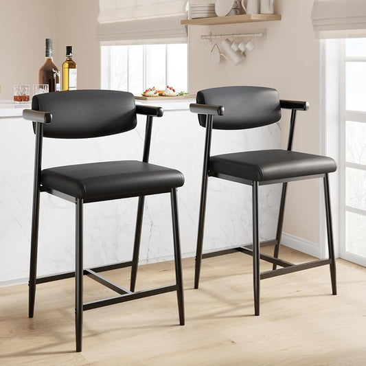 GarveeHome Bar Stools Set of 2, 26.5" Upholstered Counter Height Bar Stools for 2 with Armrest, Wider Thickened Cushion, Bar Chairs with Backrest for Bar, Dining Room, Kitchen, Retro Black