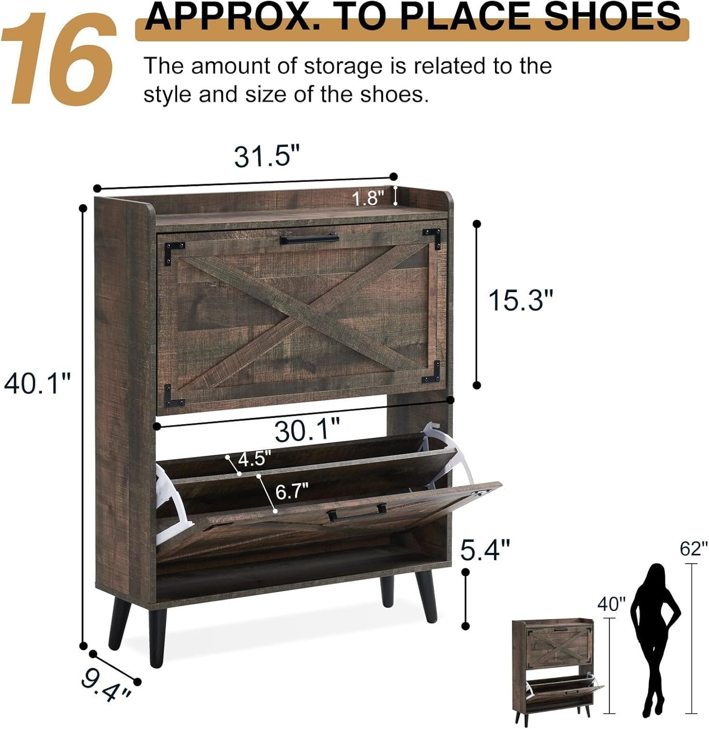 Shoe Storage Cabinet,Farmhouse Shoe Organizer with 2 Flip Drawers & Barn Door Design,Freestanding Hidden Slim Narrow Shoe Rack Cabinet for Entryway,Foyer,Hallway,Rustic Brown