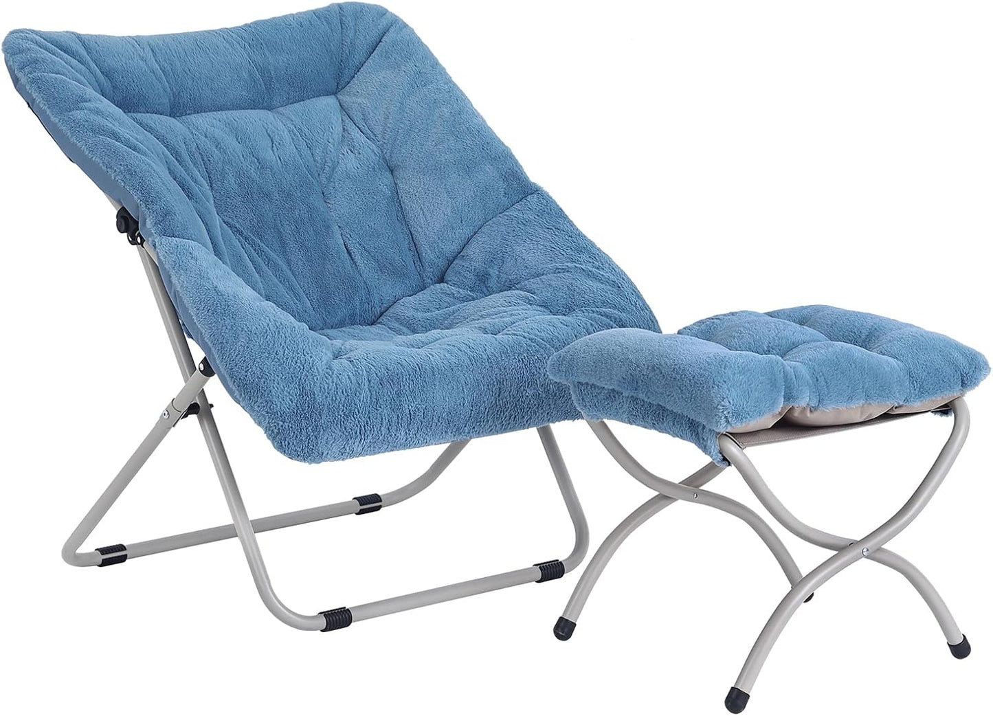 Saucer Chair With Ottoman - Oversized Folding Faux Fur, X-Large Soft Dorm, Foldable Metal Frame for Bedroom, Living Room, Study, Playroom (Blue)