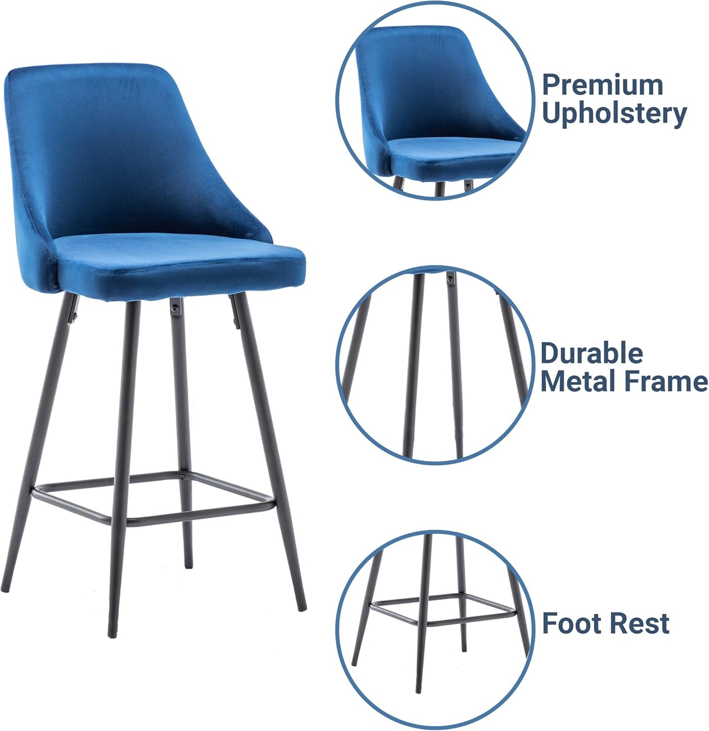 BTEXPERT Set of 2,Premium upholstered Dining 25" Seat Height, High Back Count Stool Bar Chairs, Pack Blue Velvet barstools
