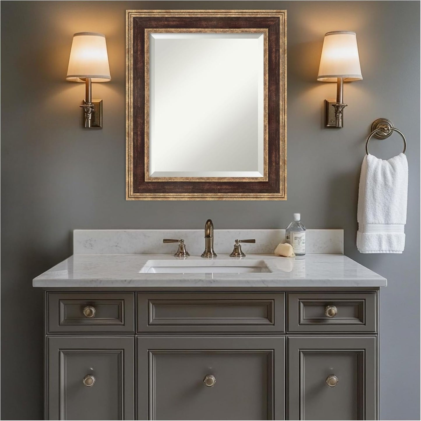 Amanti Art Bronze Bathroom Mirror for Over Sink, 26x22 Ridge Light Bronze Rectangle Vanity Mirror, Small Traditional Frame, Hangs Horizonally and Vertically, Bathroom Wall Decor, Beveled Edge
