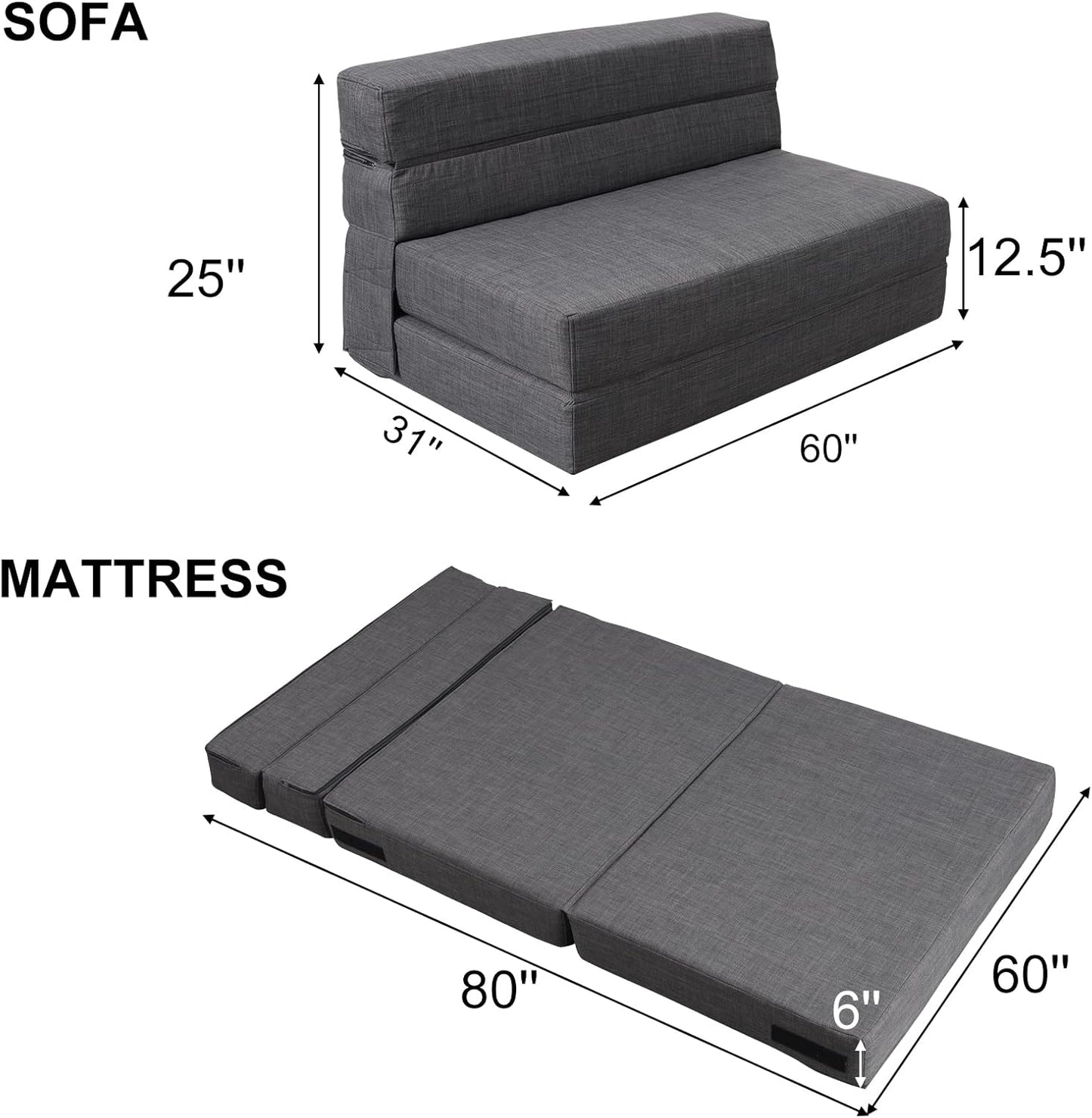 ANONER 60" Fold Sofa Bed Couch Memory Foam with 2 Pillows Futon Sleeper Chair Guest Bed and Fold Out Couch, Washable Cover Queen Size, Dark Gray