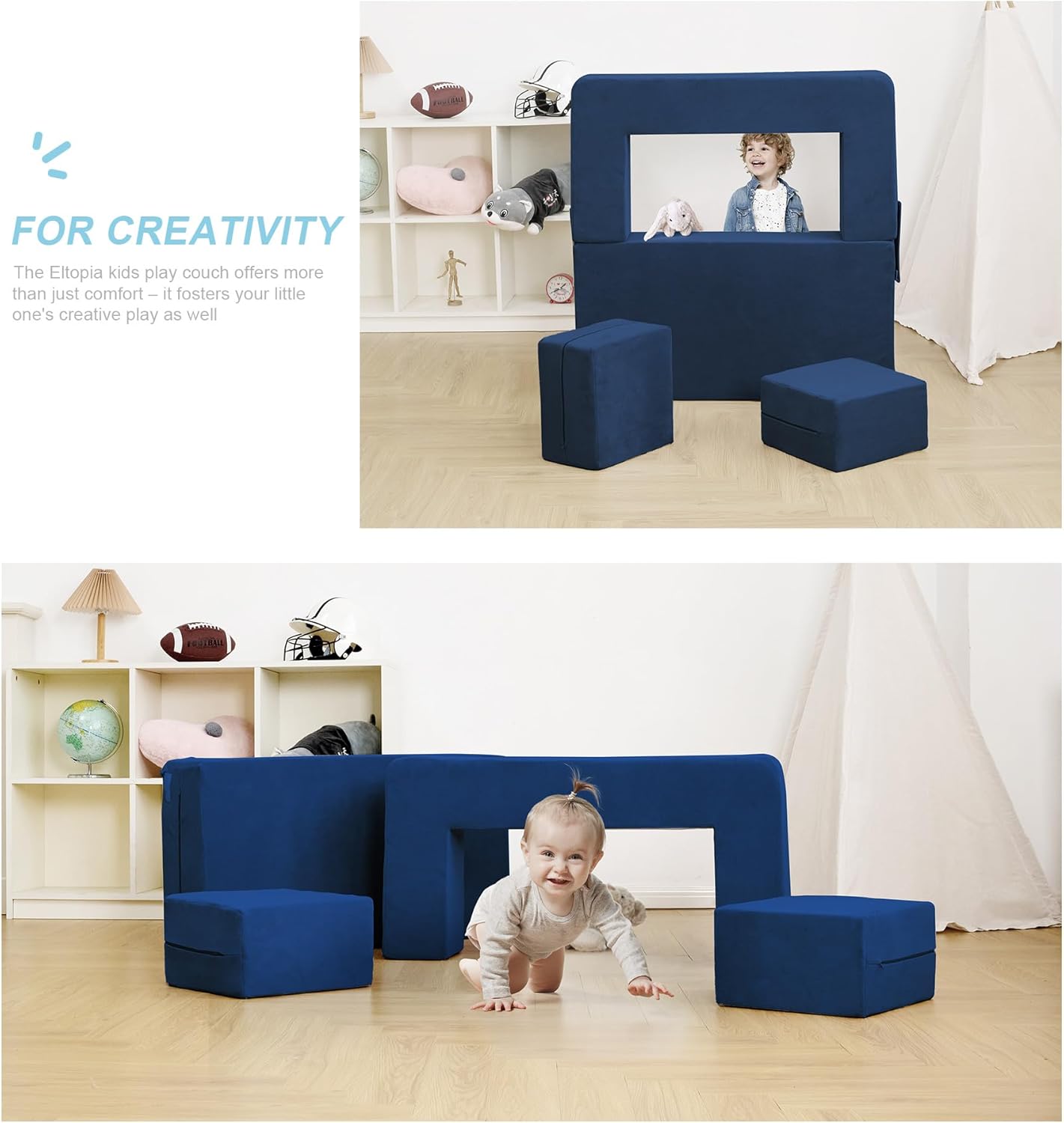 Modular Kids Sofa,Toddler Couch Foam Armchair for Kids, Children Convertible Plush Sofa Play Set,Fold Out SofaBed(Navy)