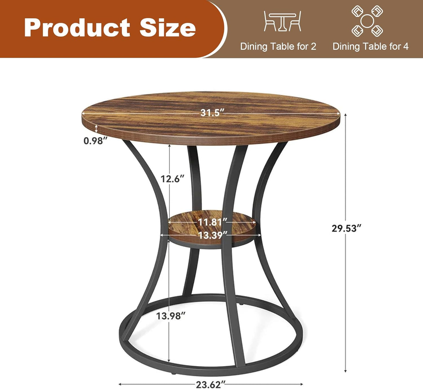 Round Dining Table for 2-4, 31.5" Small Dinner Table Kitchen Tables with Storage Shelf for Dining Room, Kitchen, Living Room, Brown and Black