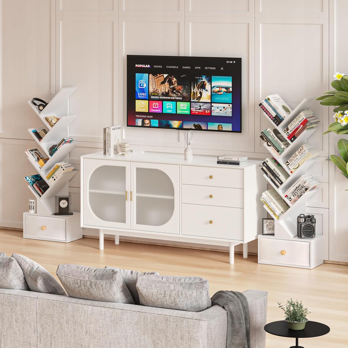 8 Tier Tree Bookshelf with Drawer, Free Standing Wood Bookcase for Living Room, Bedroom, Home Office, Space Saving Storage Organizer Bookshelves for Books, CDs, Vinyl Records- White