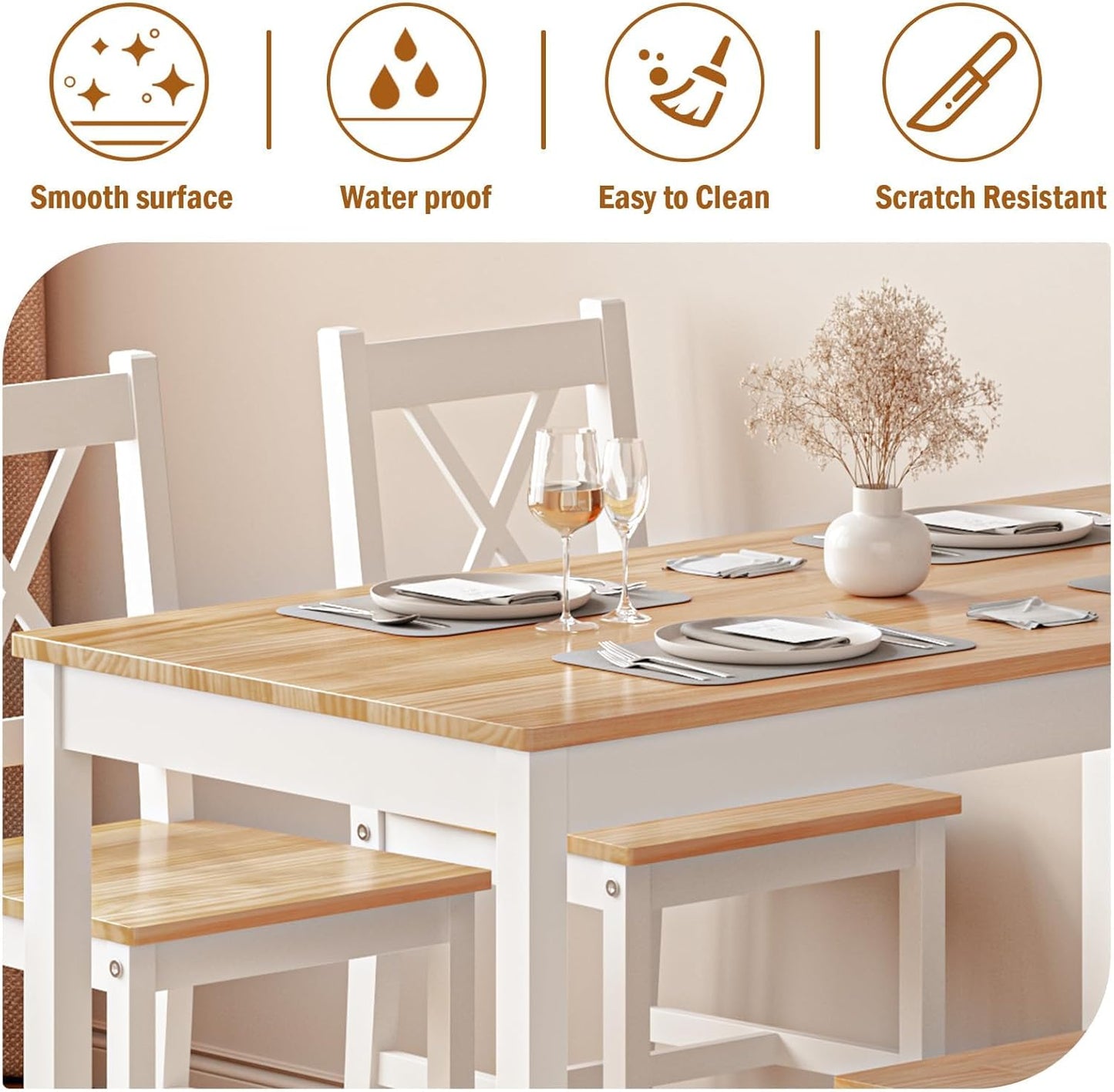 SogesPower Dining Table Set for 4, Wood Rectangular Kitchen Dining Table Set with 4 Chairs, 5-Piece Space-Saving Kitchen Table Set for Dining Room Small Space, White+Oak 43"