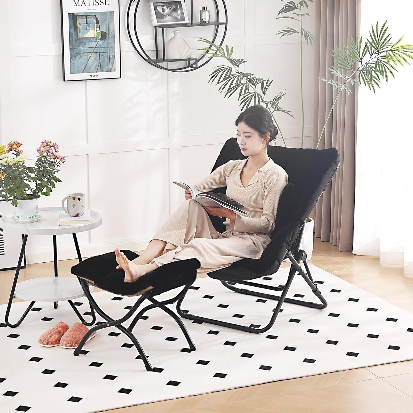 Comfy Saucer Chair with Ottoman, Oversized Folding Faux Fur Chair Soft Furry Lounge Lazy Chair with Metal Frame Moon Chair Accent Chair for Bedroom, Living Room, Dorm Rooms, Black