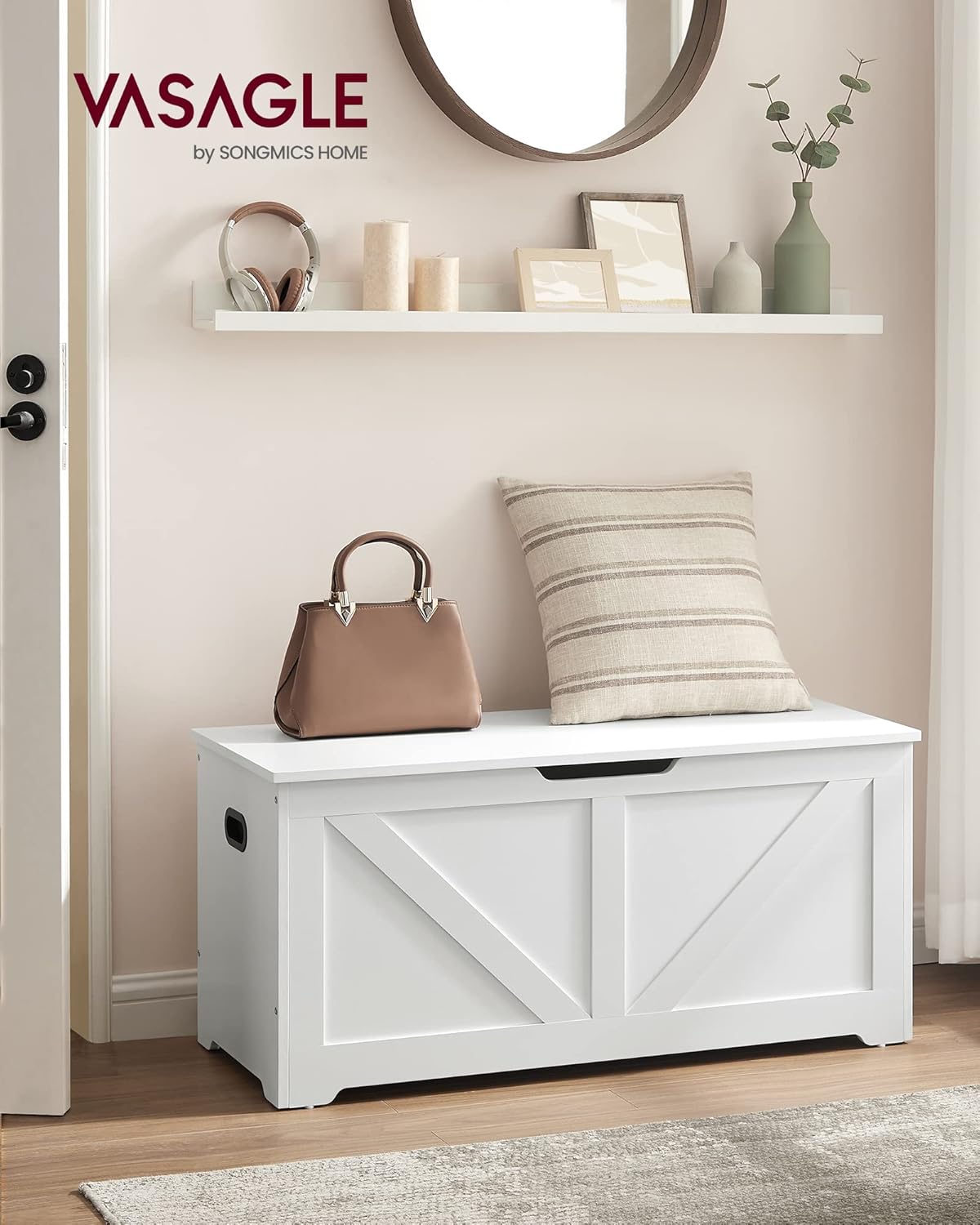 VASAGLE Storage Chest, Storage Trunk with 2 Safety Hinges, Storage Bench, Shoe Bench, Farmhouse Style, 15.7 x 39.4 x 18.1 Inches, for Entryway, Bedroom, Living Room, Cloud White ULSB060T14