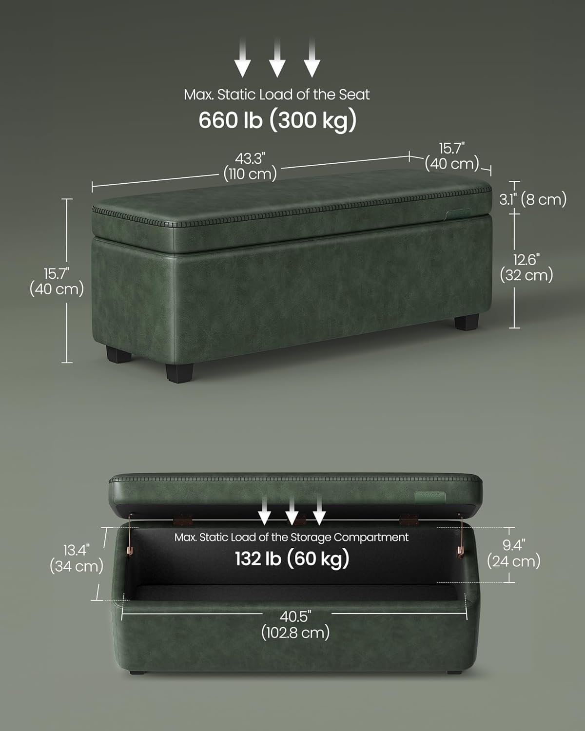 VASAGLE EKHO Collection - Storage Ottoman Bench, Entryway Bedroom Bench, 25 Gallons, Synthetic Leather with Stitching, Mid-Century Modern, Safety Hinges, Loads 660 lb, Forest Green ULOM075C01