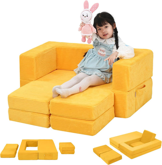 MeMoreCool Modular Kids Couch, Corduroy Play Toddler Couch for Bedroom Playroom Furniture, Convertible Foam Kids Sofa Bed, Fold Out Baby Sofa for Girl Boy, Yellow