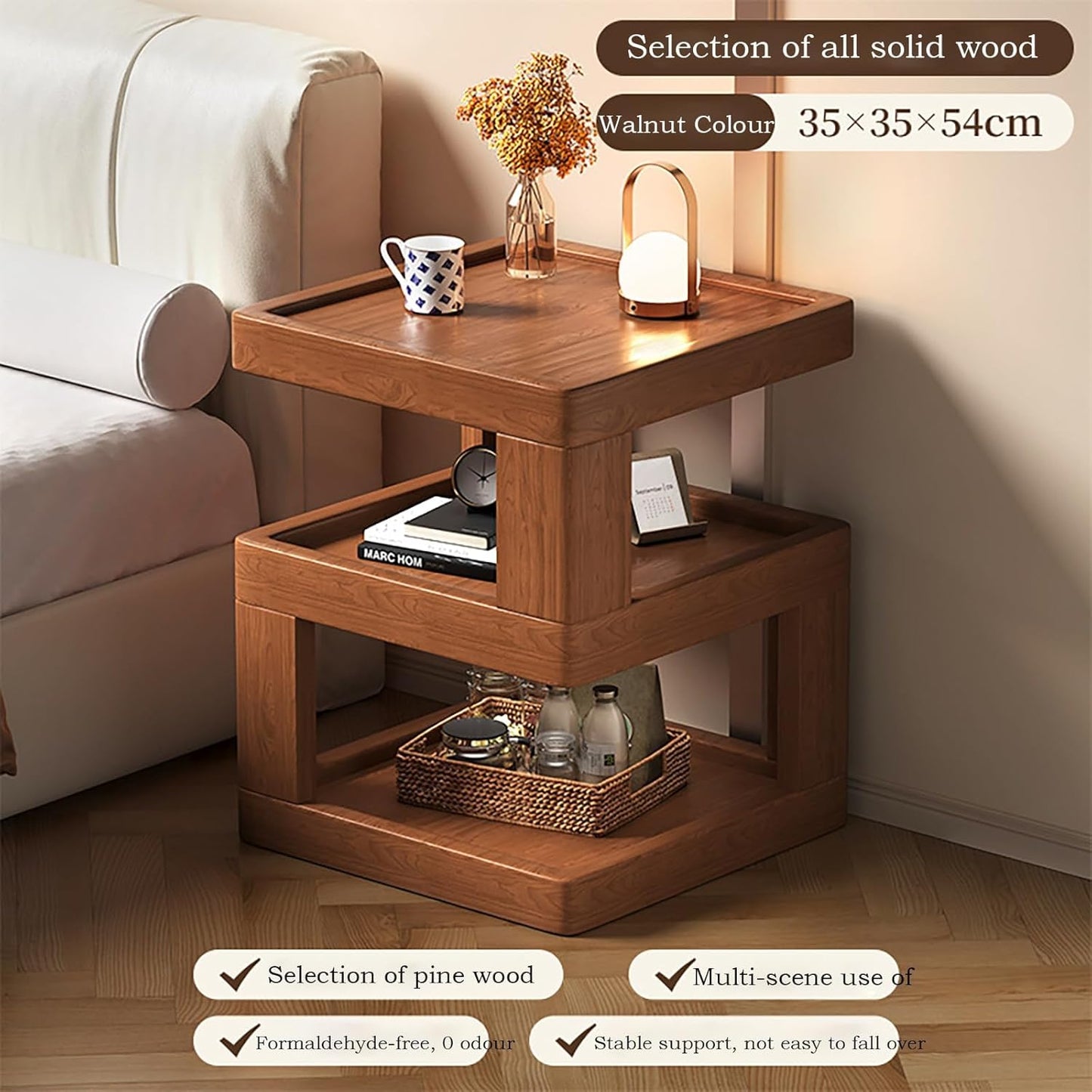 Solid Wood Nightstand,End Tables Bedroom Small Shelf Modern Nightstand Wood Side Table (GLASS-21.3 * 13.8 * 13.8)