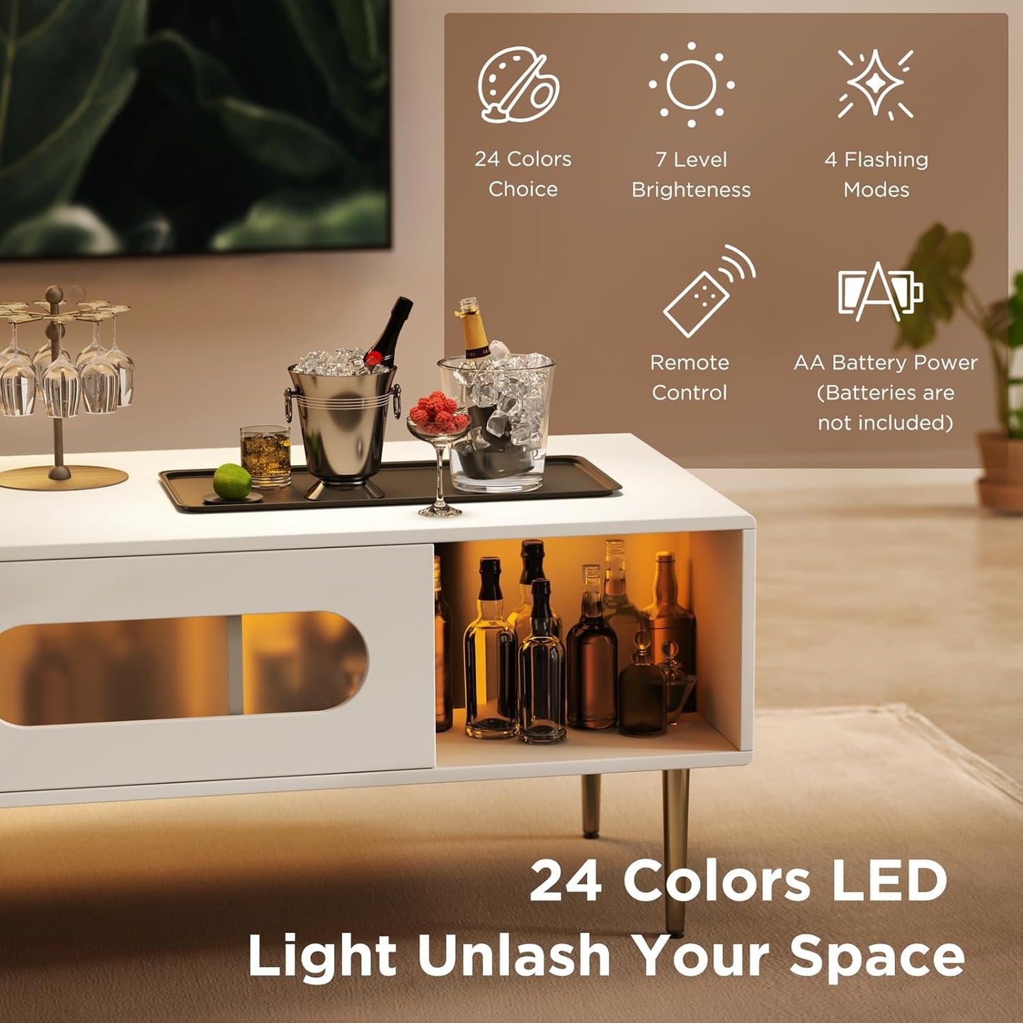 Modern Coffee Table for Living Room - LED Living Room Table with 4 Storage Compartments, Semi See-Through Sliding Doors - Glossy Finish, Metal Legs, Rounded Edges - Contemporary Home Furniture