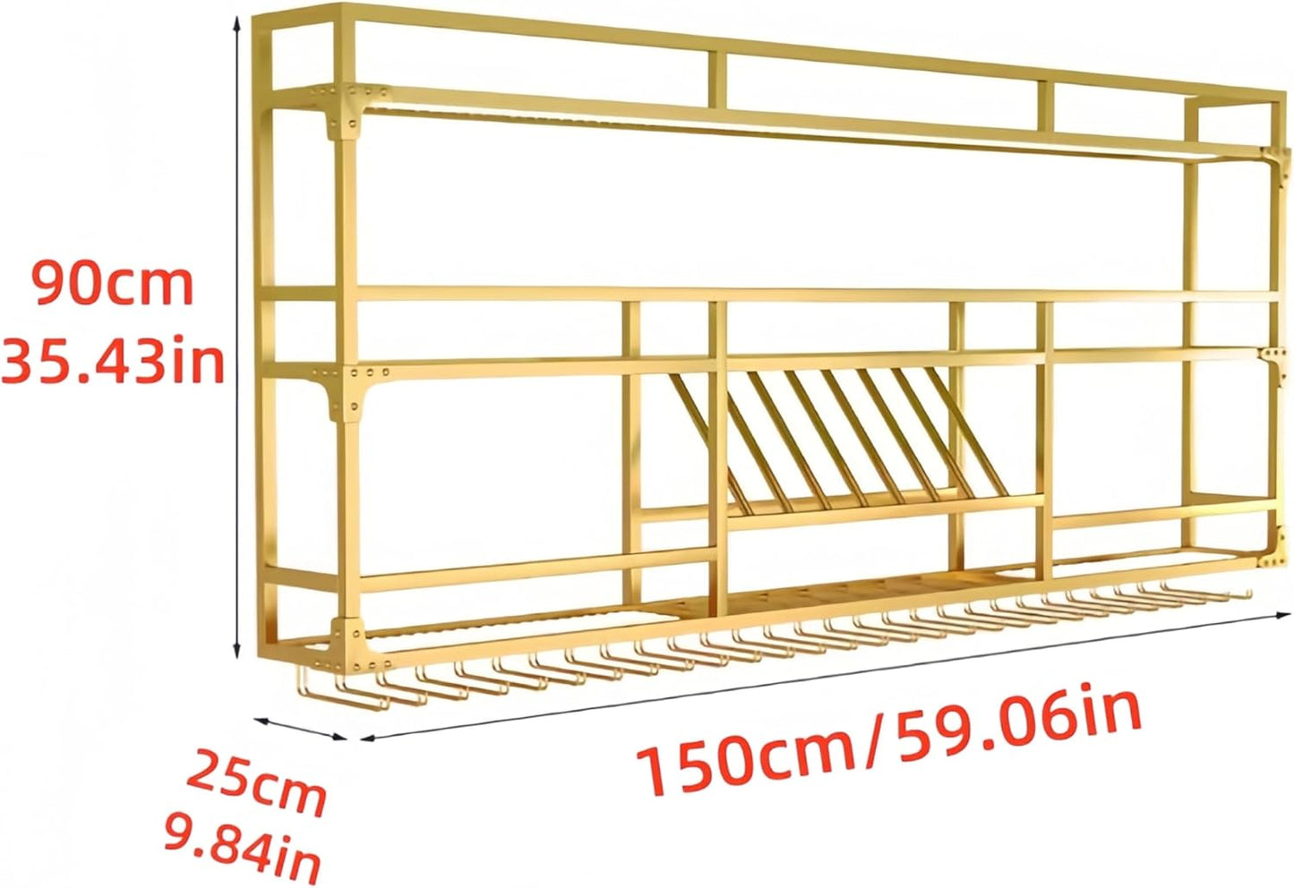 Metal Wall-Mounted Wine Rack with LED Light - 3 Tier Wine Storage Display Rack with Glass Holder - Space-Saving Bottle Display Shelf for Home Bars, Dining Rooms(Gold, 59in/150cm)