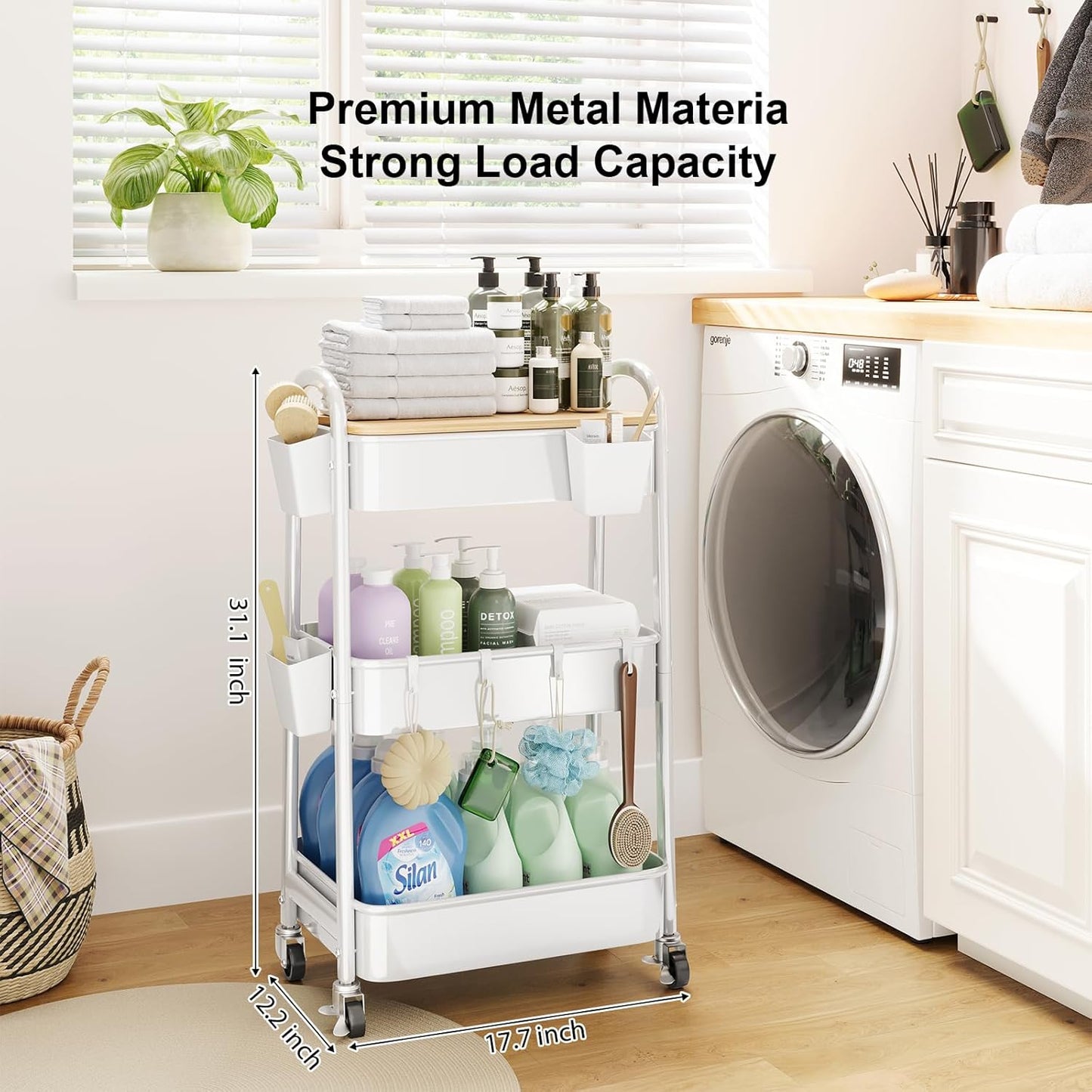 3 Tier Rolling Cart Metal with Wheels and Bamboo Table Top, Art Cart Organizer on Wheels, White Three Tiered Storage Utility Carts for Craft, Baby, Diaper Caddy,Coffee,Kitchen,Cleaning,Office Supplies