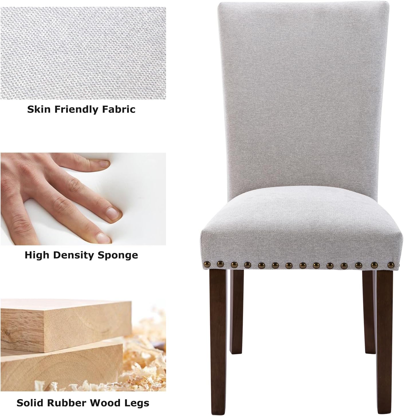 COLAMY Upholstered Parsons Dining Chairs Set of 4, Fabric Dining Room Kitchen Side Chair with Nailhead Trim and Wood Legs - Light Grey