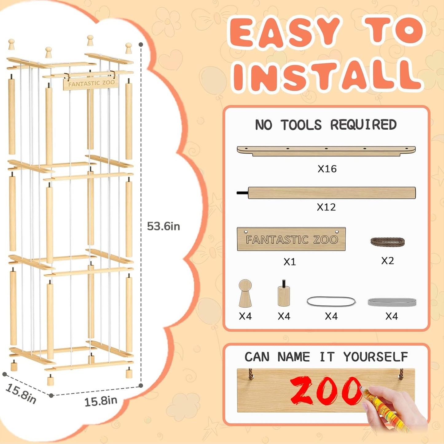 TOPMELON Stuffed Animal Zoo Storage, 16.8″ x 16.8″ x 53.6″ Large Capacity Plush Toy Organizer, Cute Zoo Toy Holder for Kids, Wooden Toys Organizer Tower for Playrooms & Children's Room