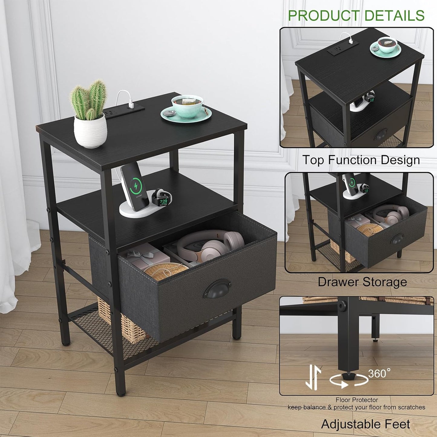 Nightstands Set of 2, Black Night Stands with Charging Station, Bedside Tables with Fabric Drawers PU Finish, 2-Tier Side Table with Open Shelf, Nightstands with Drawer,Black