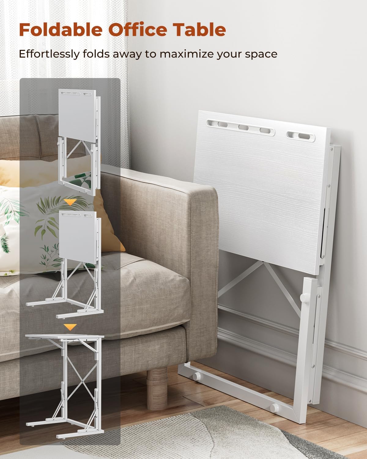 21''Wx28''H Folding TV Tray for Eating, Small Foldable C-Shaped Tray Table with Tablet and Phone Slots, Slide Under Couch Side Table for Recliner, Living Room, Bedroom, White