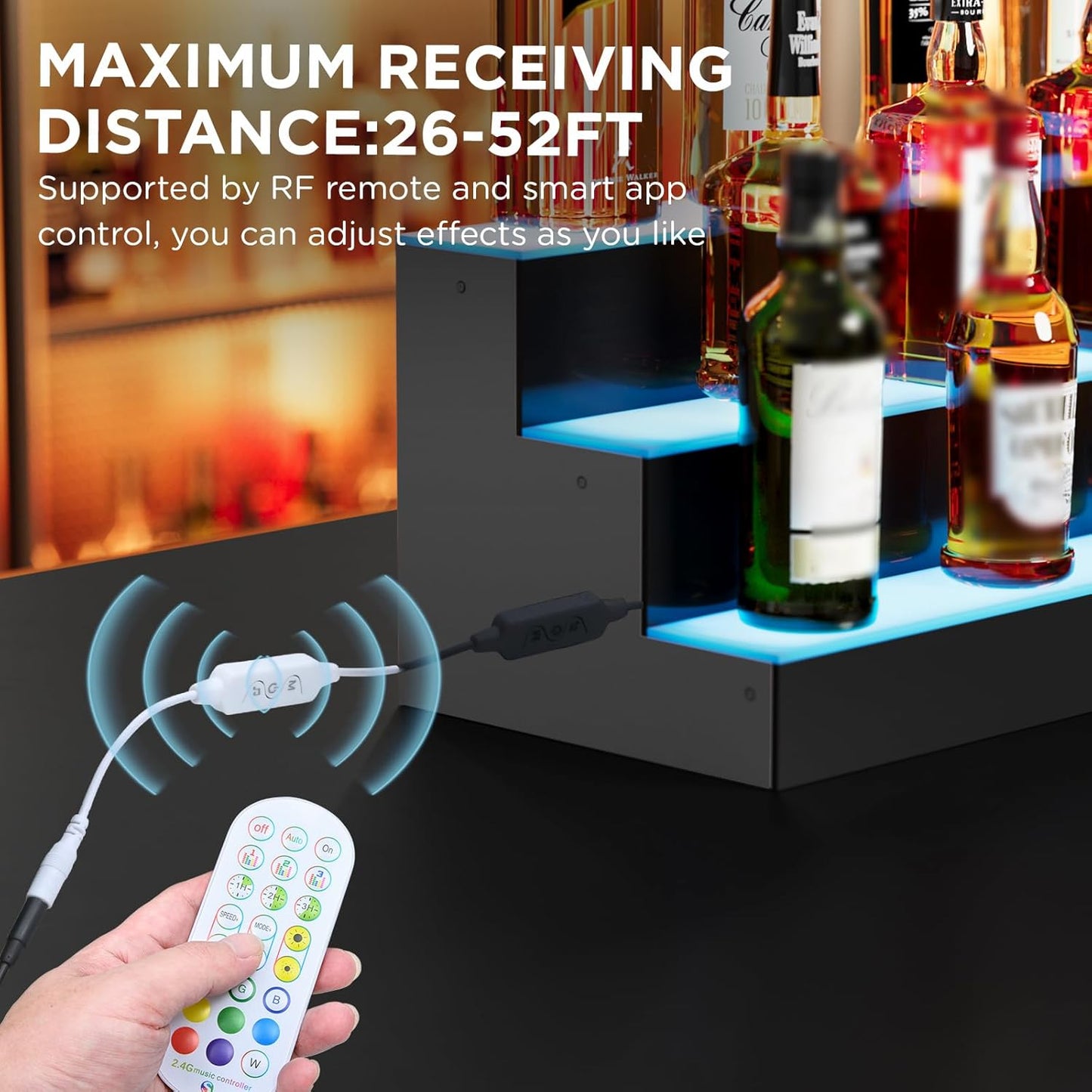 Dethan 3 Tier 48 Inch Liquor Bottle Display Shelf - Wine Racks with Multi-Color App & Remote Control, Adjustable Brightness & Sound Modes, Acrylic Bar Shelves for Commercial Clubs