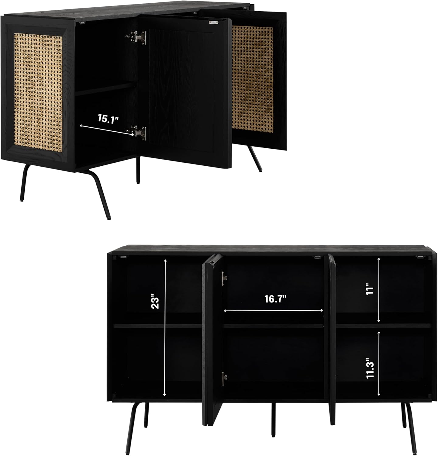 NTC MOSSIC Modern Sideboard with 3 Doors, Natural Rattan Storage Cabinet, Buffet with Metal Legs, Boho Accent Cabinet for Living Room, and Entryway, Effortless Assembly - Burnt Black