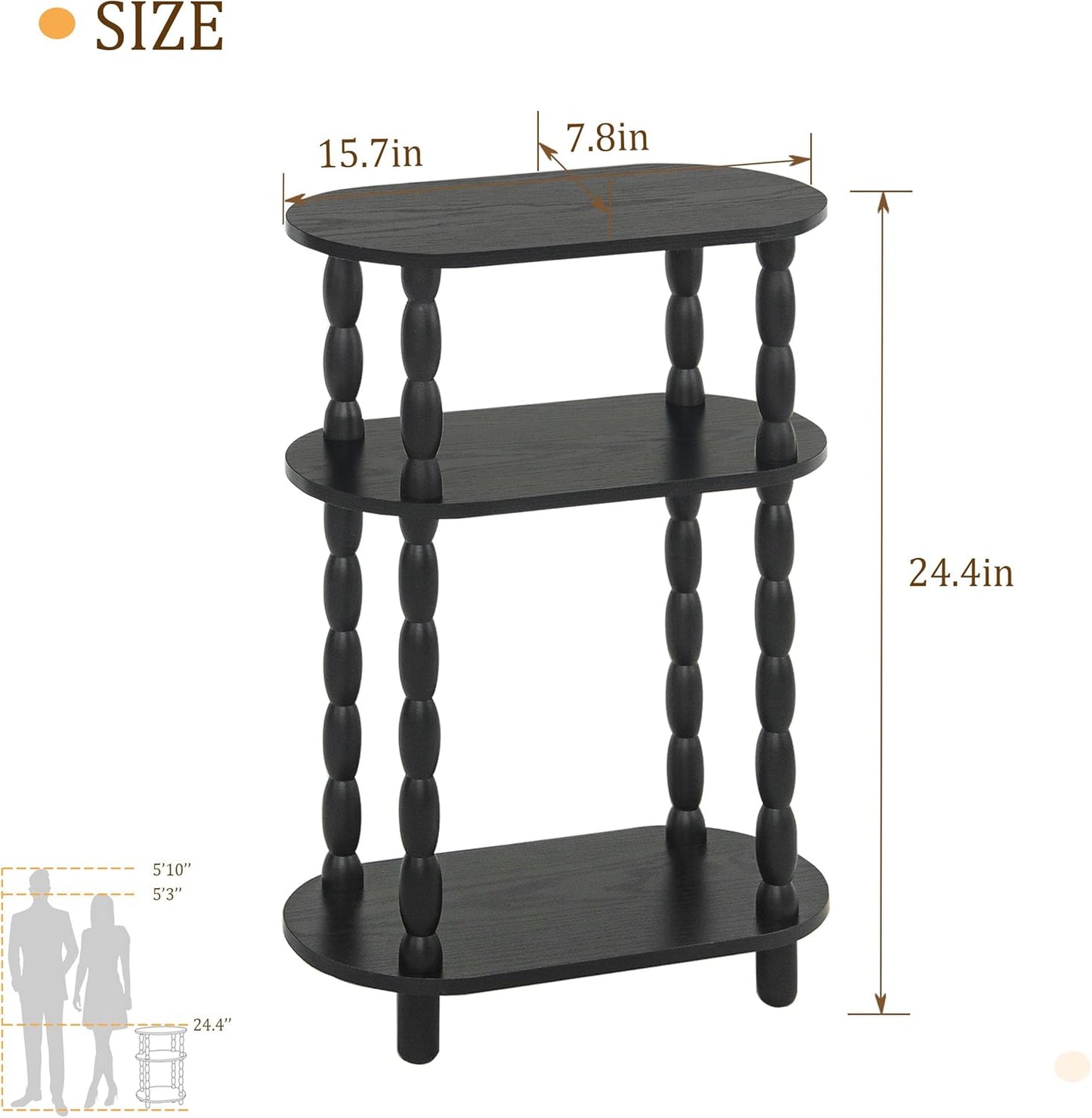MaxSmeo Small Narrow Side Table, 3-Tier Narrow End Table with Storage, Skinny Side Table Nightstand for Small Space, Bedrooms, Living Room (Black)