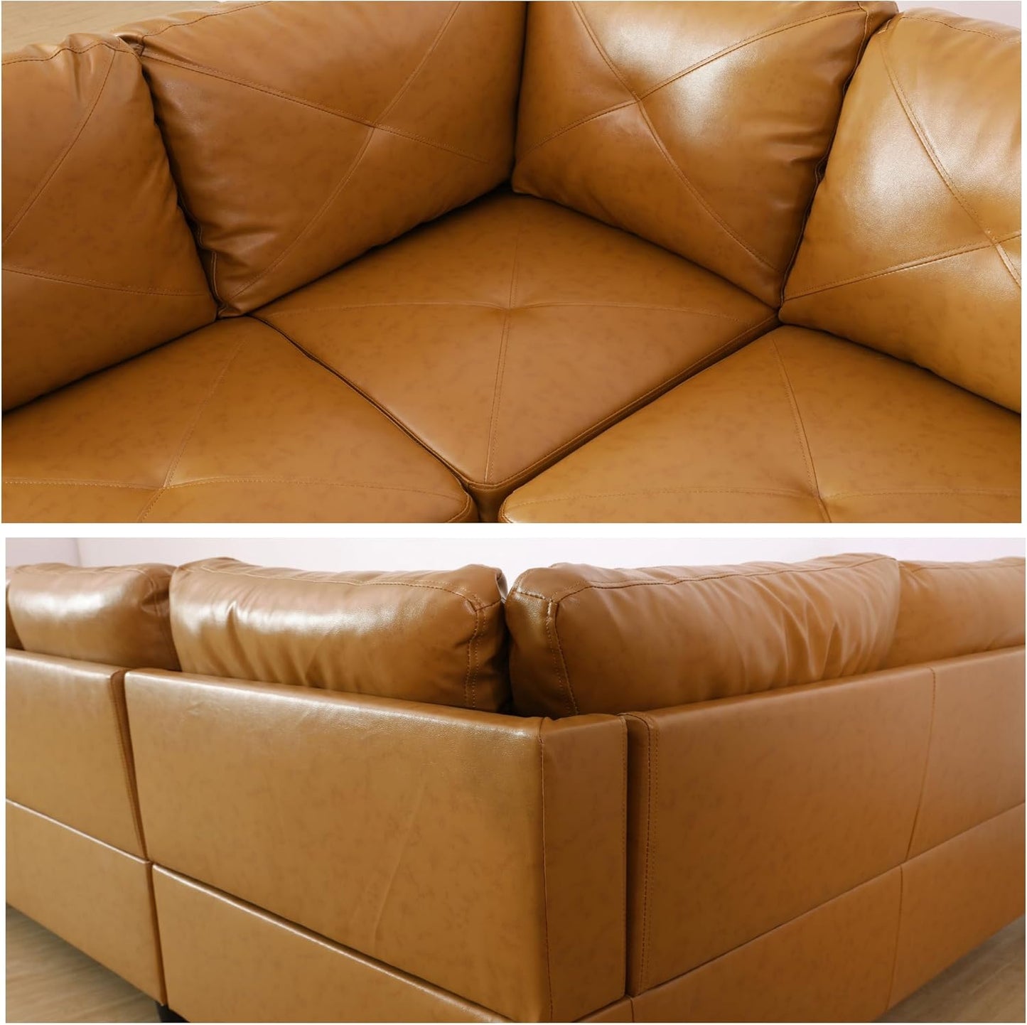 L-Shaped Sectional Sofa with Ottoman, Right-Facing Leather Modern Couch for Living Room, Bedroom, Office, Ginger Black