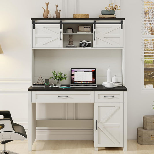 Farmhouse 47" Executive Desk, Computer Desk with Drawers and Storage Cabinet, Home Office Desks with Hutch and Charging Station, Workspace for Work & Study (Black).