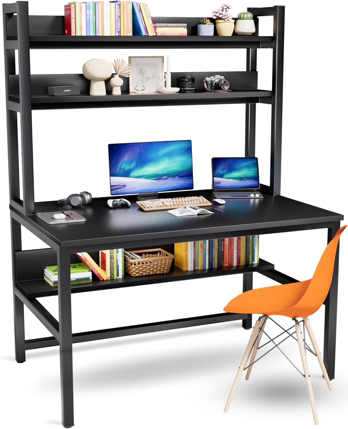 Aquzee Computer Desk with Hutch and Bookshelves, Large Leg Room 47 inch Width Black Desk with Space Saving Storage Shelves for Home Office,Study, Work, Easy Assemble