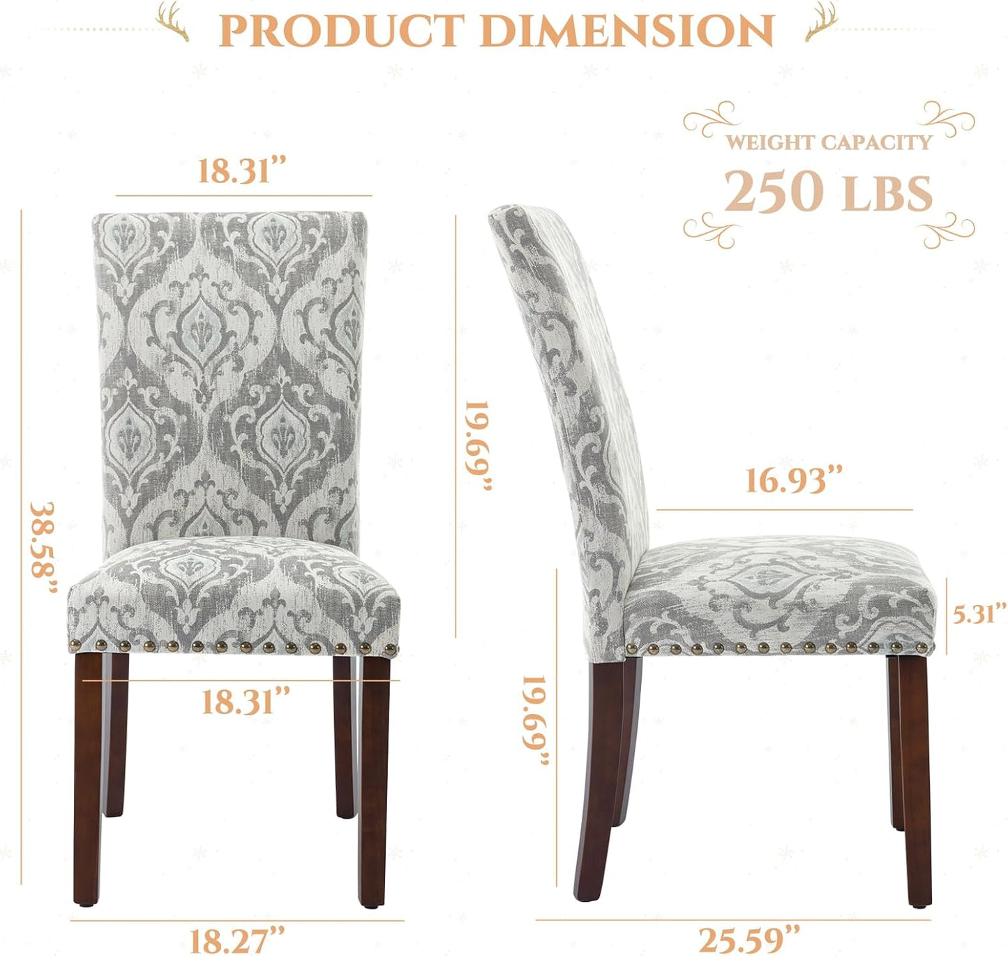 Parsons Dining Chairs Set of 4, Upholstered Nailhead Dining Room Kitchen Side Chair with Thick Cushions and Wood Legs, White/Grey