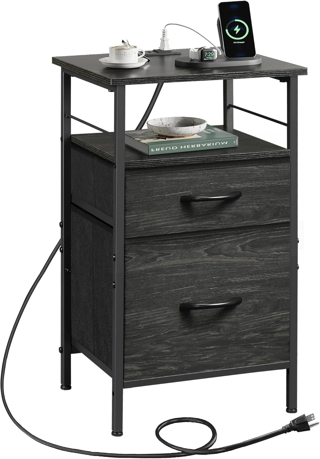 WLIVE Nightstand with Charging Station, Side Table with 2 Fabric Drawers, End Tables for Bedroom, Small Dresser, USB Ports and Outlets, Charcoal Black