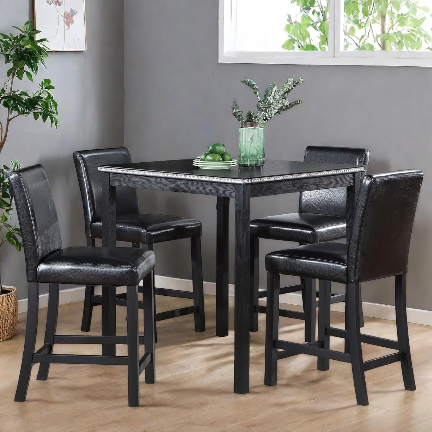 Dining Table Set for 4, 5-Piece Dining Room Table Set with Square Crystal Decoration Table & 4 Upholstered Backrest Chairs, Counter Height Kitchen Sets with Wood Grain & Footrest, Black