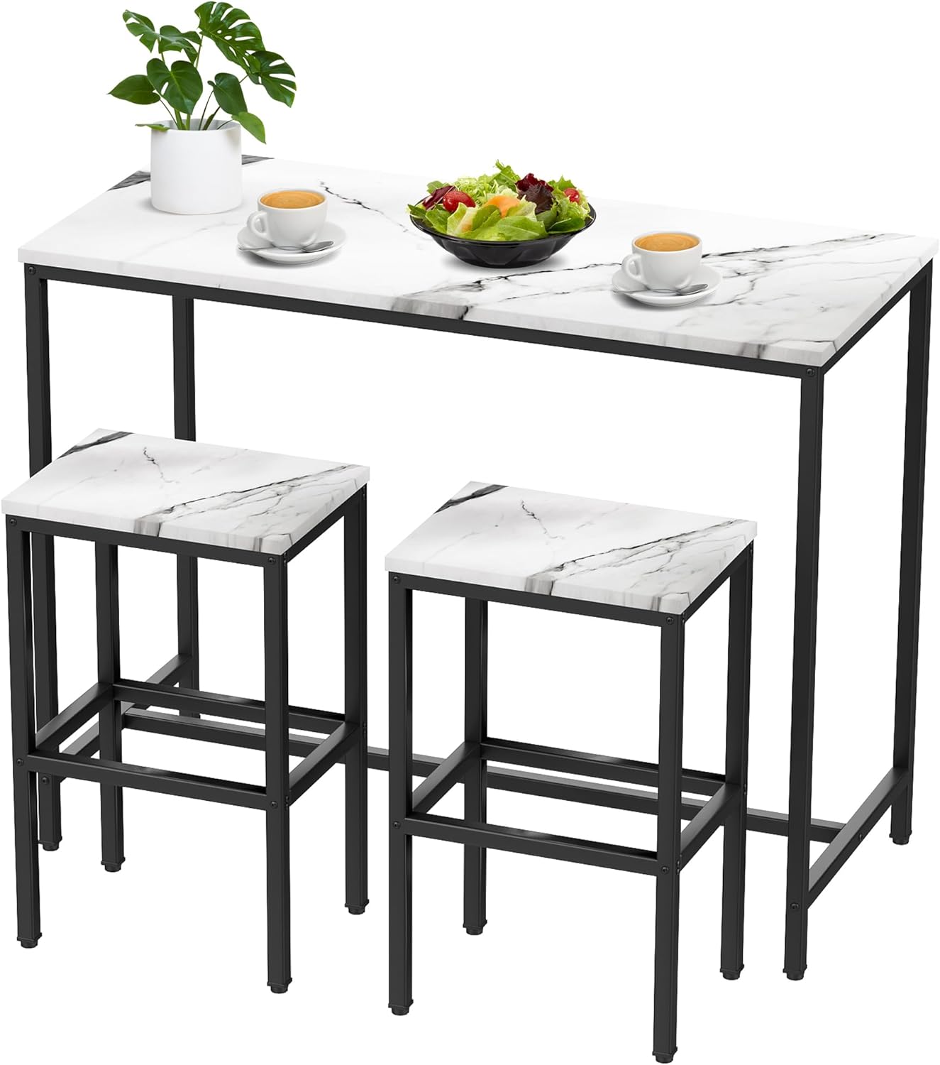 Aklaus Bar Table Set,44" White Faux Marble Top Bar Table and Chairs Set,Counter Height Bar Table with 2 Bar Stools,3 Piece Kitchen Breakfast Table for Living Room Dining Room Apartment