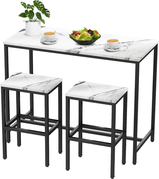Aklaus Bar Table Set,44" White Faux Marble Top Bar Table and Chairs Set,Counter Height Bar Table with 2 Bar Stools,3 Piece Kitchen Breakfast Table for Living Room Dining Room Apartment