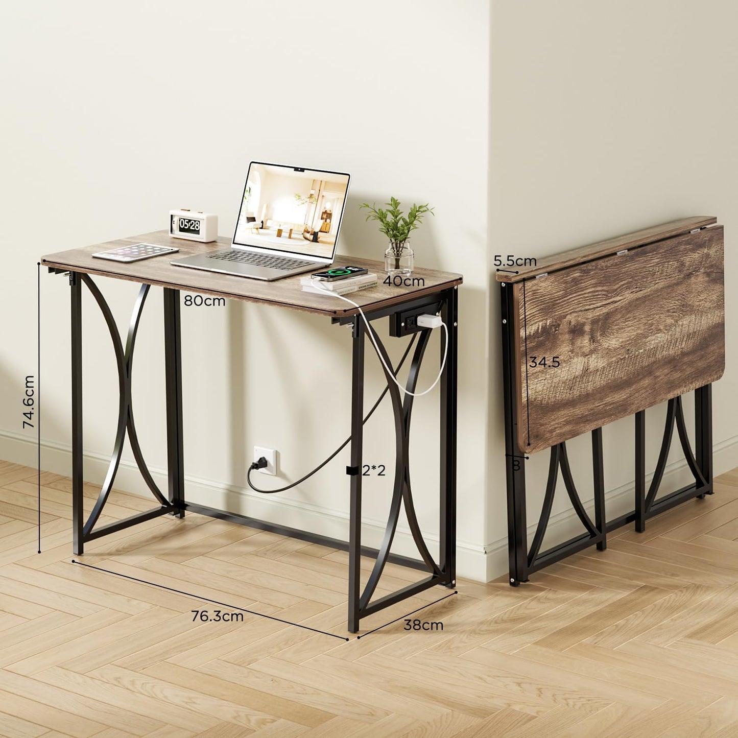 Small Desk, 31.5" Folding Table for Bedroom with Power Outlet, Space Saving Folding Computer Desk for Home Office, Easy Assembly, Light Brown