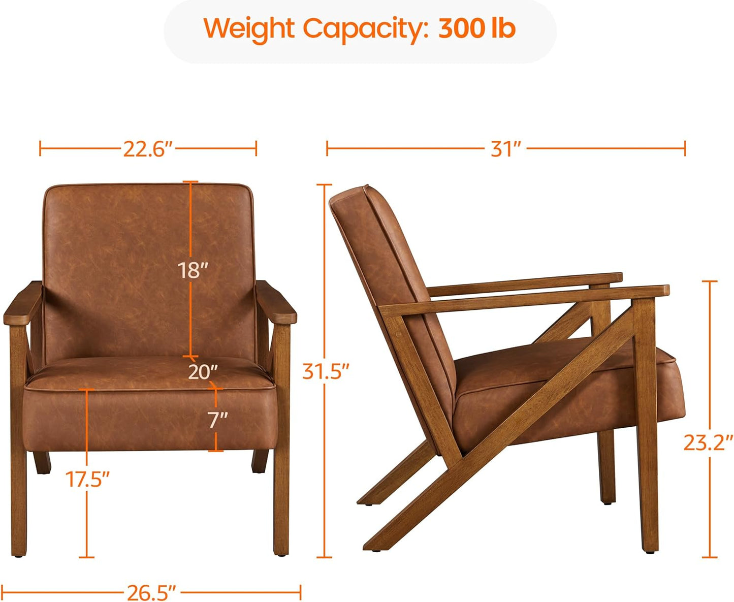 Yaheetech Accent Chair, Armchair with Strong Wood Frame, PU Leather Modern Retro Lounge Chair for Living Room/Lounge/Office/Reception Area, 2 Pieces, Light Brown