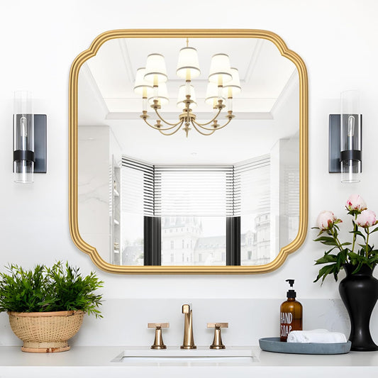 Gold Bathroom Mirror for Wall 24" x 24" Modern Rounded Corner Square Mirror with Non-Rusting Iron Metal Framed Bathroom Vanity Mirror for Over Sink Wall Decor Horizontal/Vertical