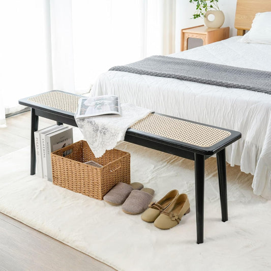 Entryway Bench, Solid Wood Kitchen Dining Bench, Mid Century Modern End of Bed Bench with Rattan Woven Top for Bedroom, Dining Room, Entry Way, 47.2" L x 11.2" W x 17.7" H, Black