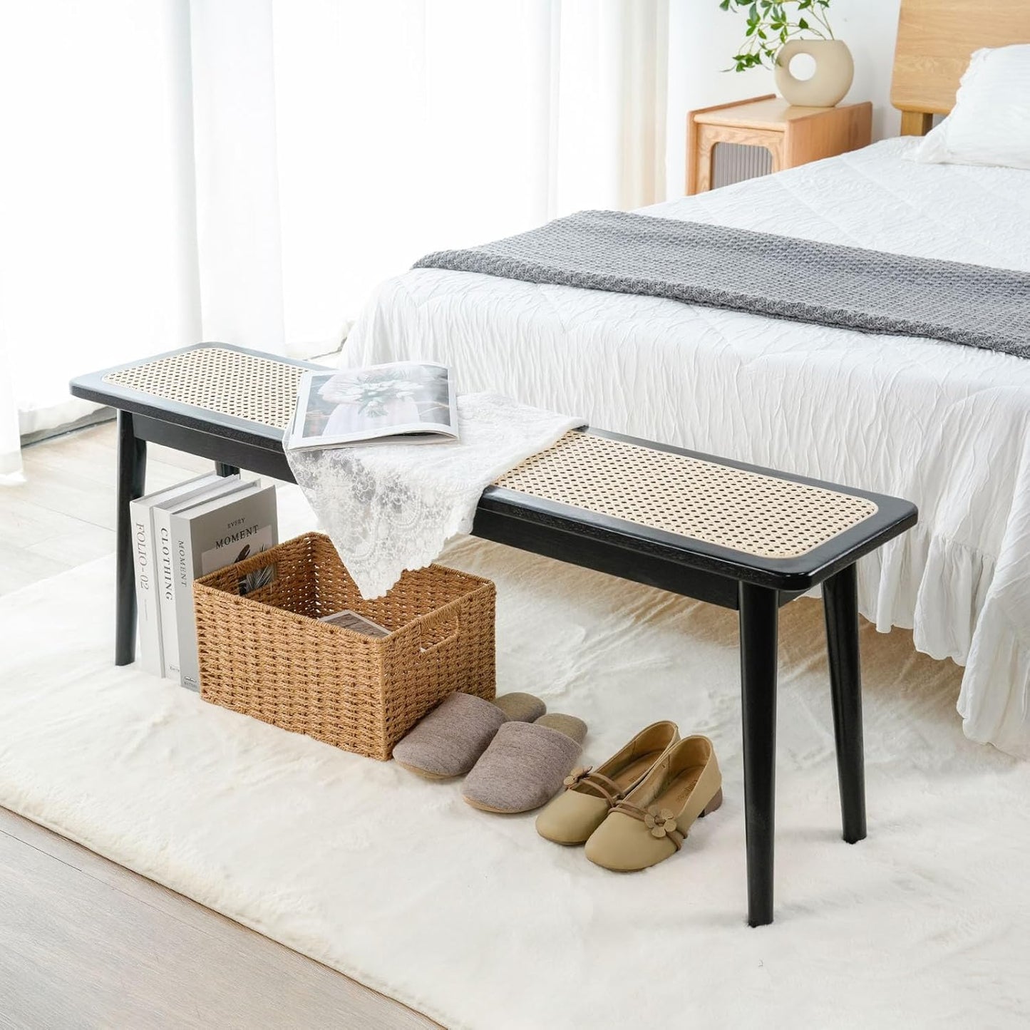 Entryway Bench, Solid Wood Kitchen Dining Bench, Mid Century Modern End of Bed Bench with Rattan Woven Top for Bedroom, Dining Room, Entry Way, 39.4" L x 11.2" W x 17.7" H, Black