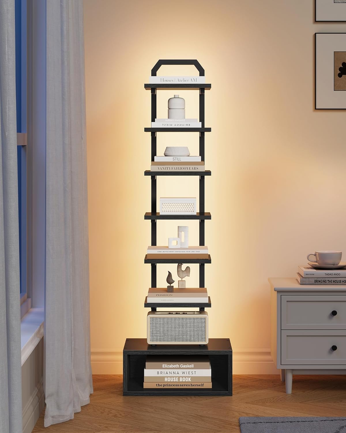 8-Tier Bookshelf, LED Bookcase with Semi-Open Bottom, Small Space Standing Shelf with Lights, Corner Storage Stand, for Living Room, Home Office, Bedroom, Black TSJ08DBB