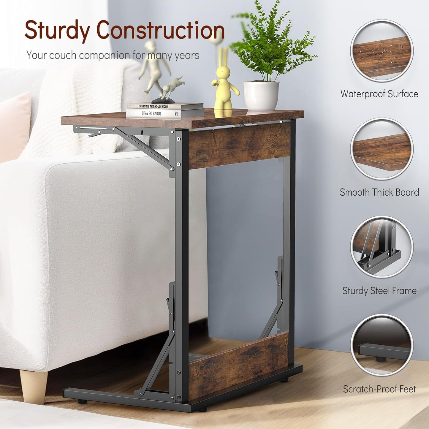 Tatub 24" Folding C Shaped End Table Set of 2, Small Sofa Side Laptop Desk, Couch TV Tray Table for Living Room, Bedroom, Rustic Brown