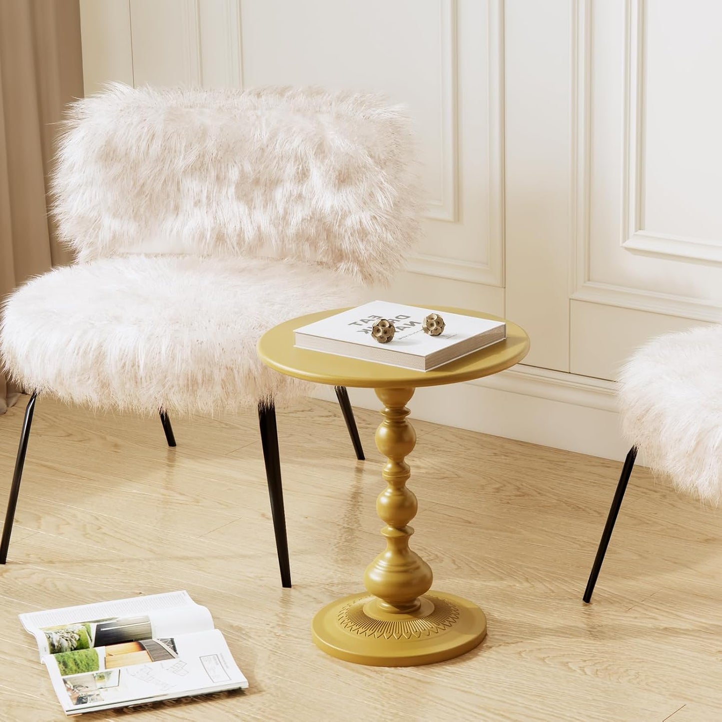 XIV Metal Small Round Side End Table, Vintage Matte Coffee Drink Cocktail Table, Accent Pedestal Table for Living Room Corners and Small Spaces, 21” Height (Gold)