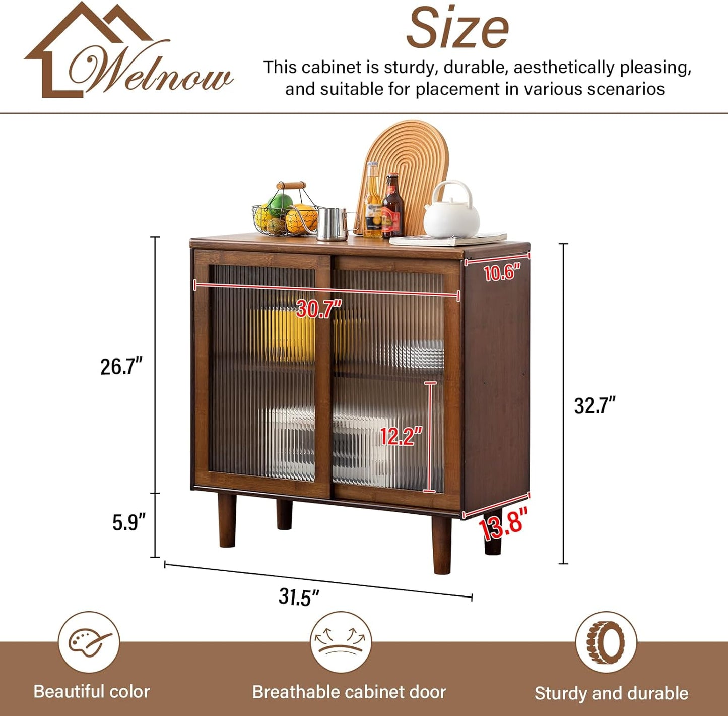 Welnow Buffet Cabinet, Bamboo Sideboard with Storage Kitchen Display Cabinet with 2-Tier Shelves Boho Coffee Bar Tables for Kitchen, Living Room, Entryway, Office, Walnut