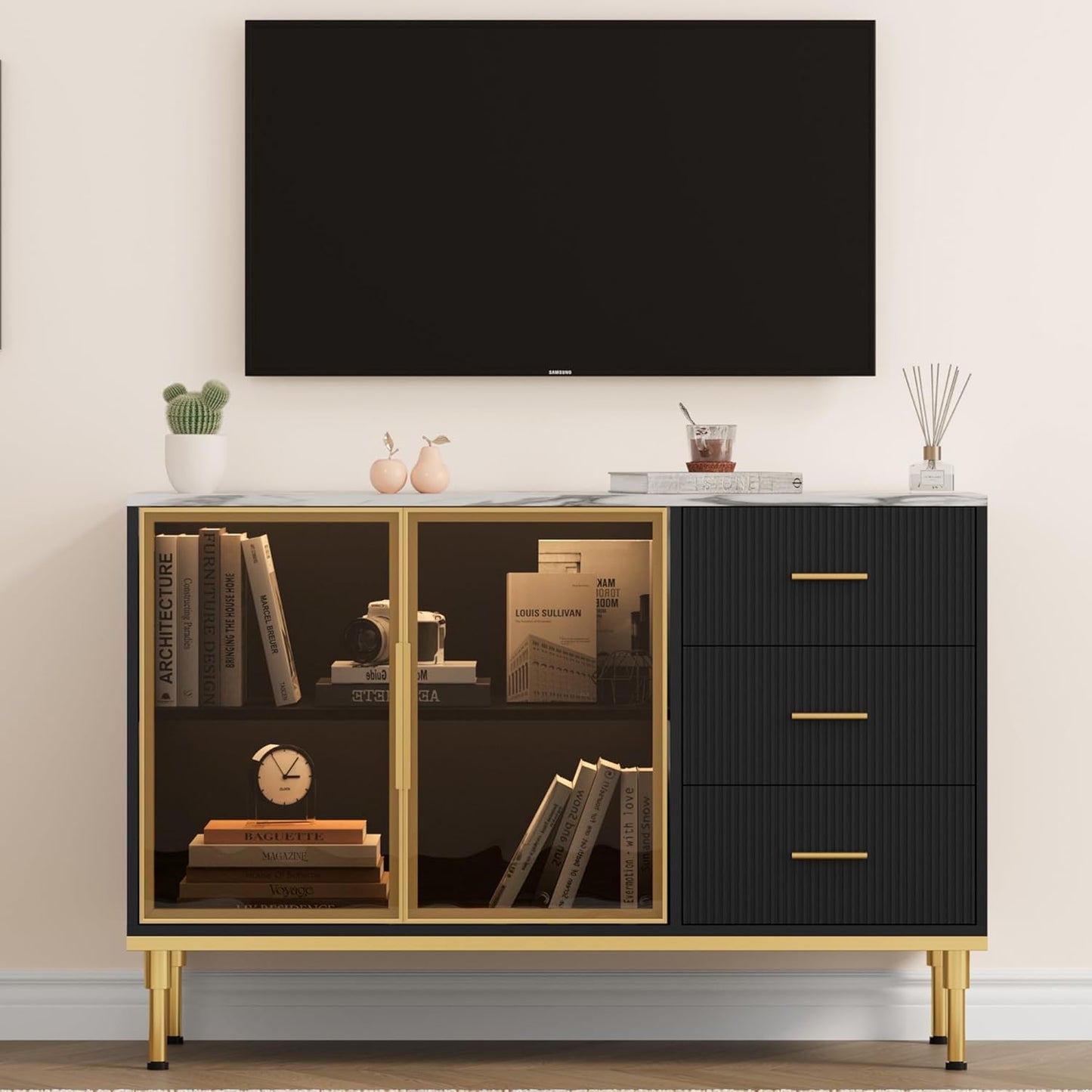 Buffet Sideboard Cabinet with Storage, 46.4" Large Fluted Kitchen Sideboard Cabinet with 2 Glass Doors 3 Drawers and Shelves, Faux Marble Top Buffet Table for Dining Room, Living Room, Black