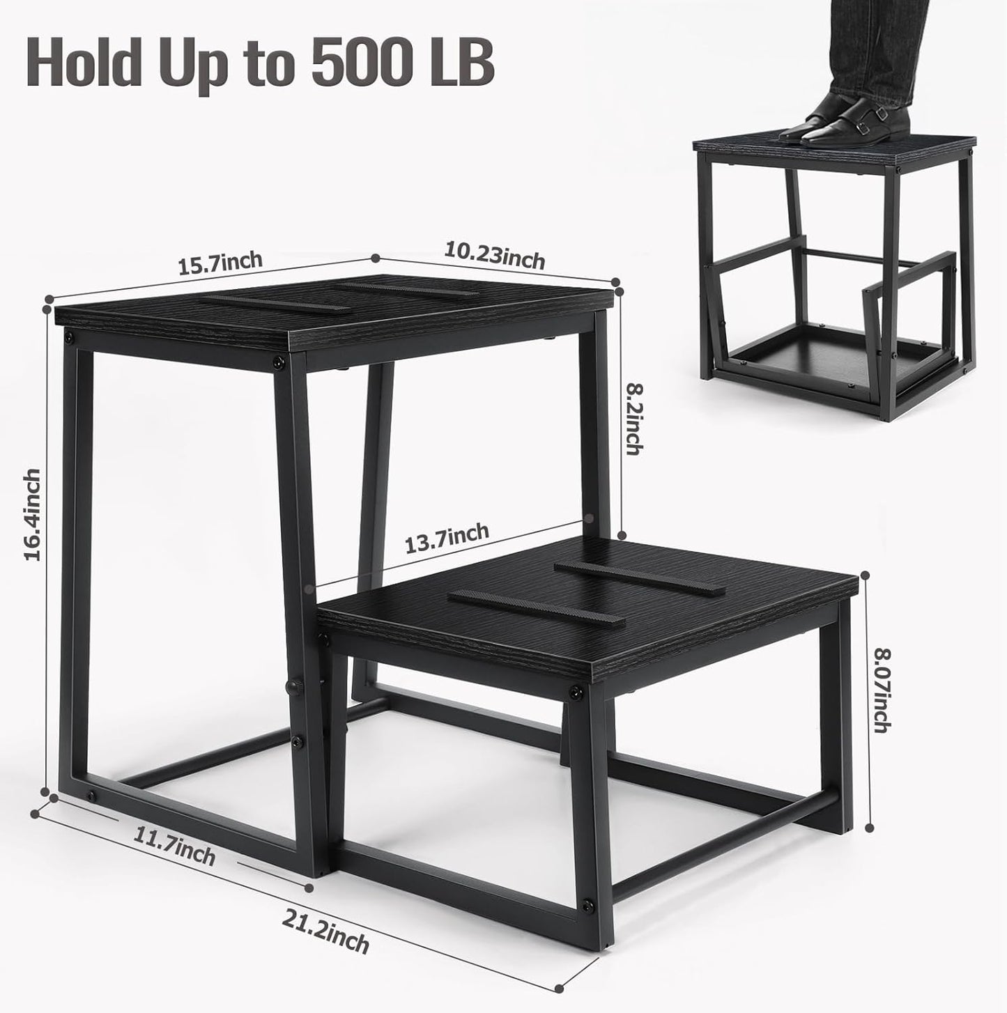 Vrisa Step Stool for Adults Wooden 2 Steps Footstool Heavy Duty RV Bedside Stepping Stool for High Beds with Metal Frame Hold Up 500LB Foot Stool for Kitchen Bathroom Bedroom, Black