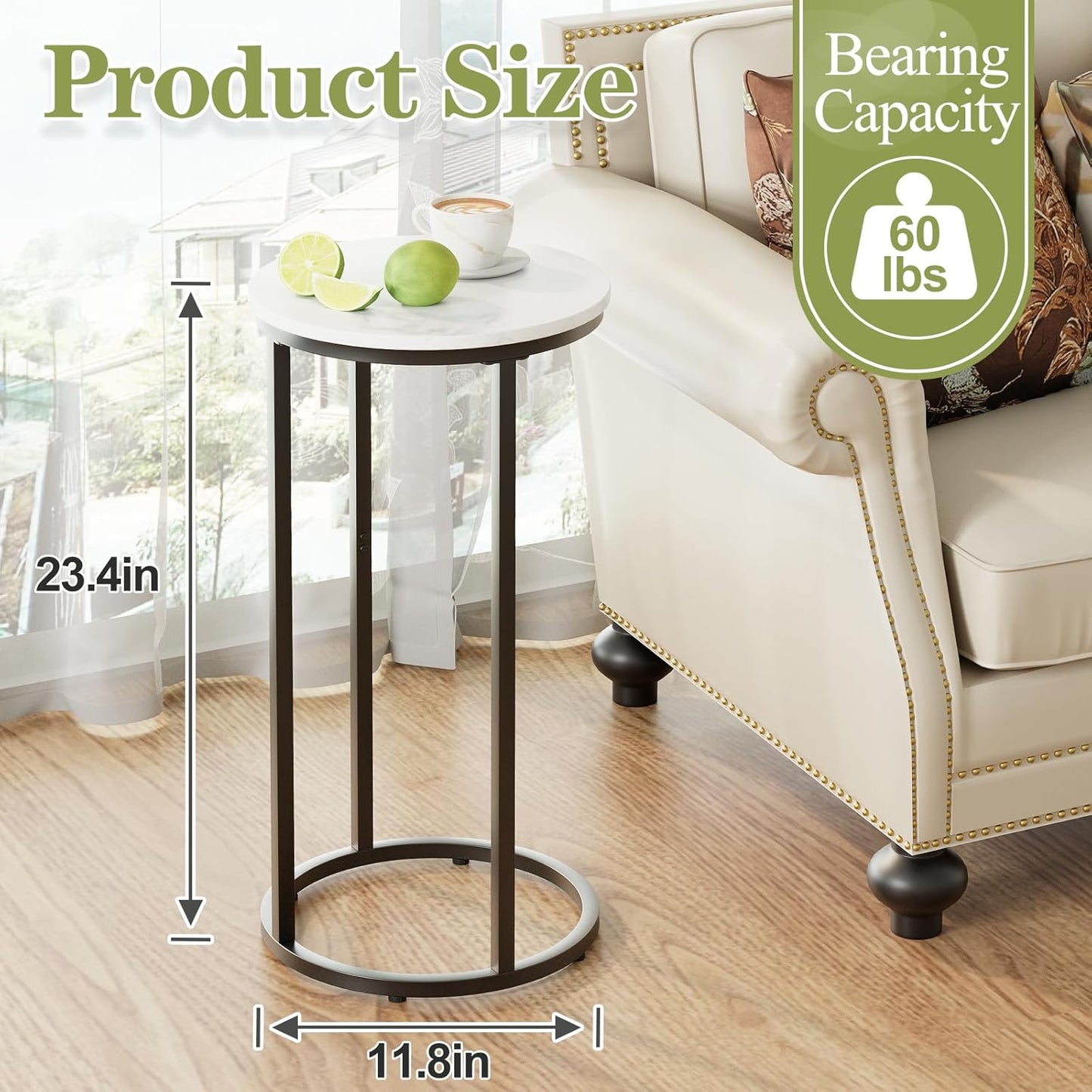 C Shaped End Table, Couch Side Tables for Living Room, Round Sofa End Table with Metal Frame, Small Wooden Snack Table for Bedroom, Small Spaces, Easy Assembly (Black)