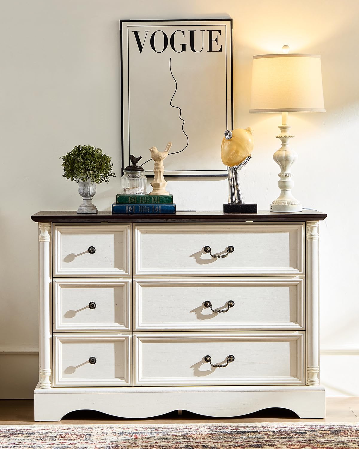 Farmhouse 6 Drawers Dresser for Bedroom with Charging Station, Wood Country Rustic Storage Dressers Organizer, Vintage Design Chest of Drawers for Bedroom, Living Room