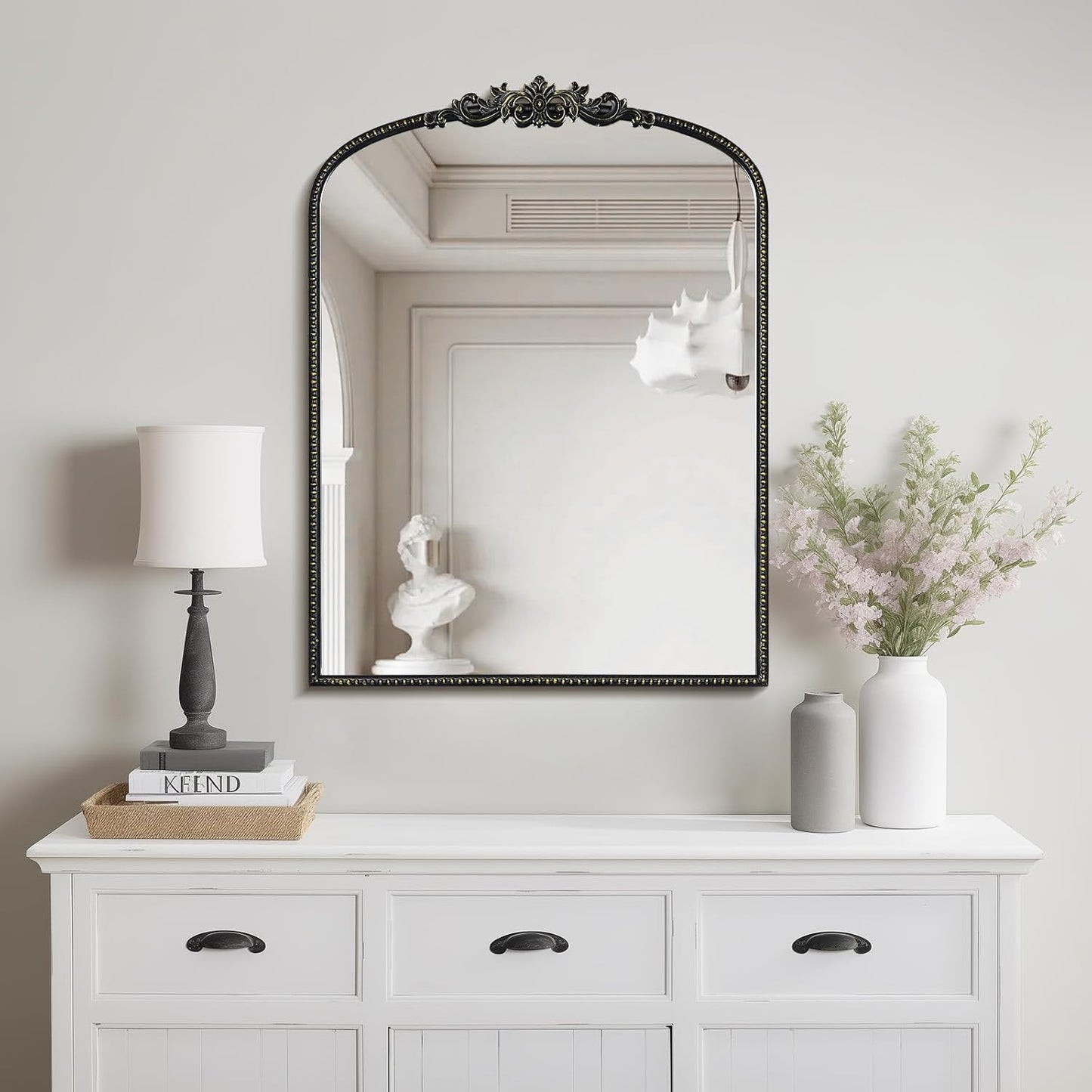 WallBeyond Gold Vintage Arched Wall Mirror, 24x32 Inch, Black Iron Frame, Bathroom, Living Room, Entryway