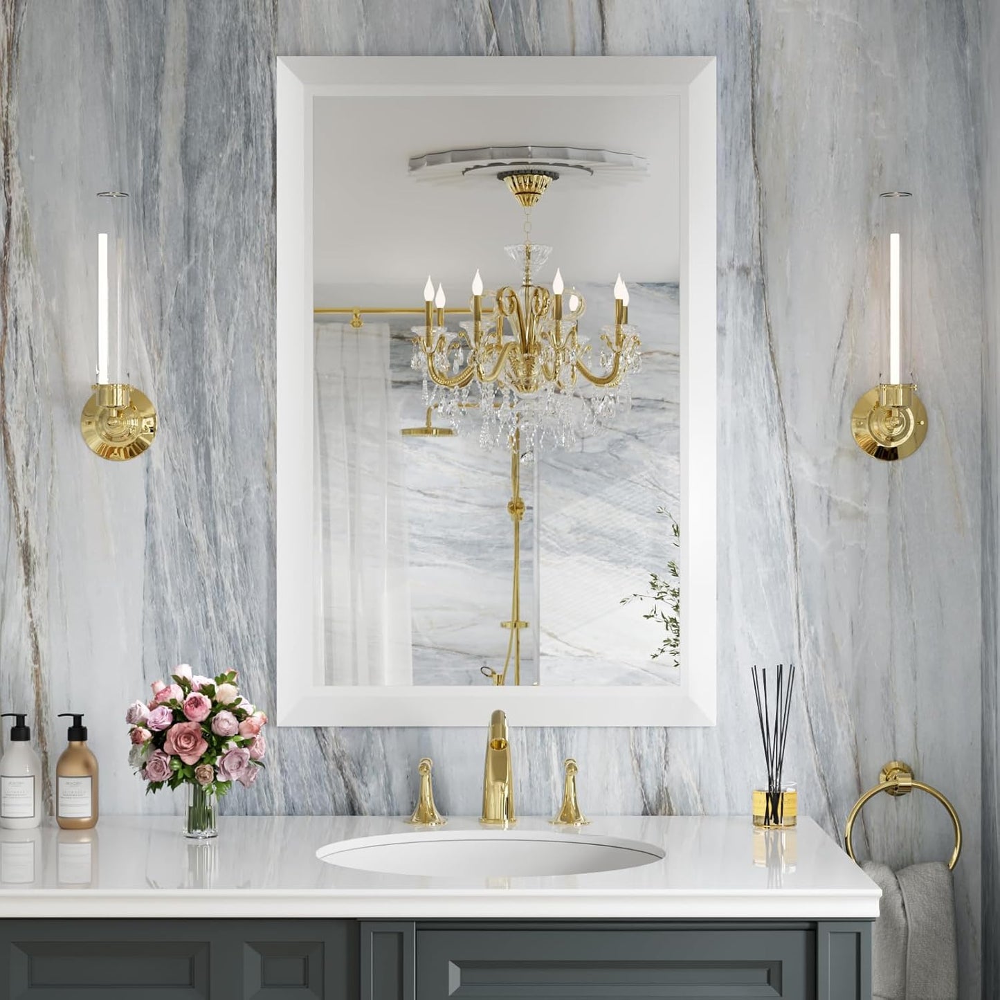 Amorho Bathroom Mirror, 24x36 Inch White Thick Metal Framed Wall Mirrors for Over Sink, Bedroom, Living Room, Entryway, Rectangle Wall-Mounted Mirrors(Horizontal/Vertical).