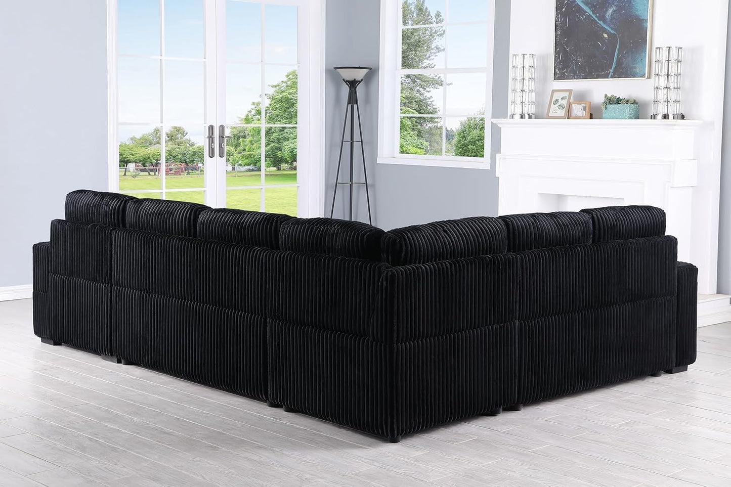Eafurn Oversized U Shaped Convertible Sleeper Sectional Sofa w/Pull Out Couch Bed, 6 Seater Corduroy Upholstered Corner Lounge Sofa Couch Sleeper Sofabed w/Storage Chaise,Shelves