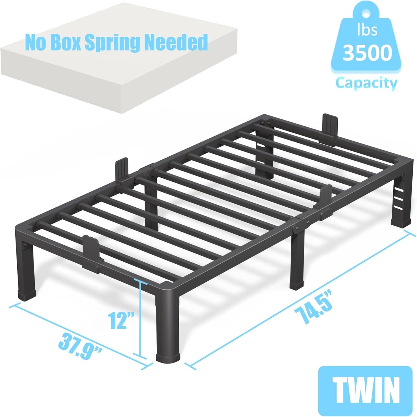 FUIOBYVV 12 Inch Twin Bed Frame with Rounded Corner and Headboard Hole Mattress Retainers 3500 LBS Metal Heavy Duty Steel Slats Support No Box Spring Needed Platform Noise Free Easy Assembly